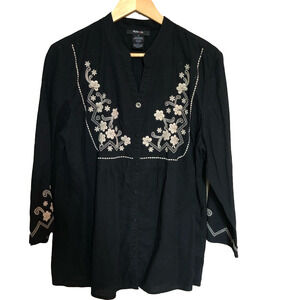 Boho Black Floral Embroidered Tunic Top Size 16